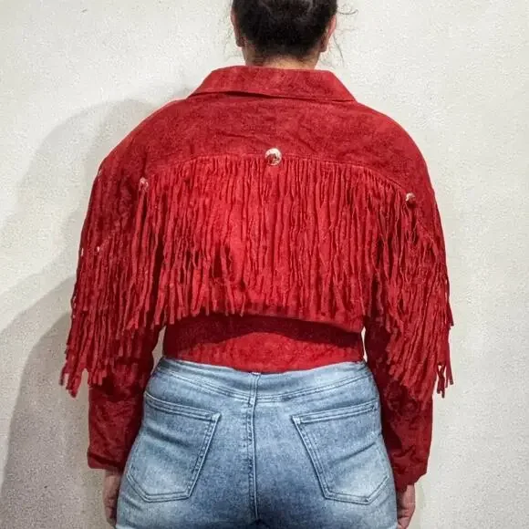 Outerbound by HMS Red Cropped Fringe Vintage Leather Jacket Sz M - Picture 14 of 16